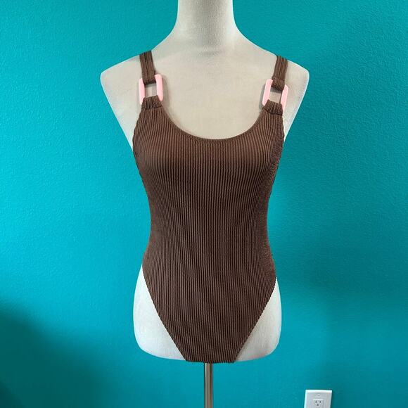 NWT Aerie Crinkle Birthday Scoop Cheekiest One Piece Swimsuit Dark Brown Size S - Picture 1 of 4